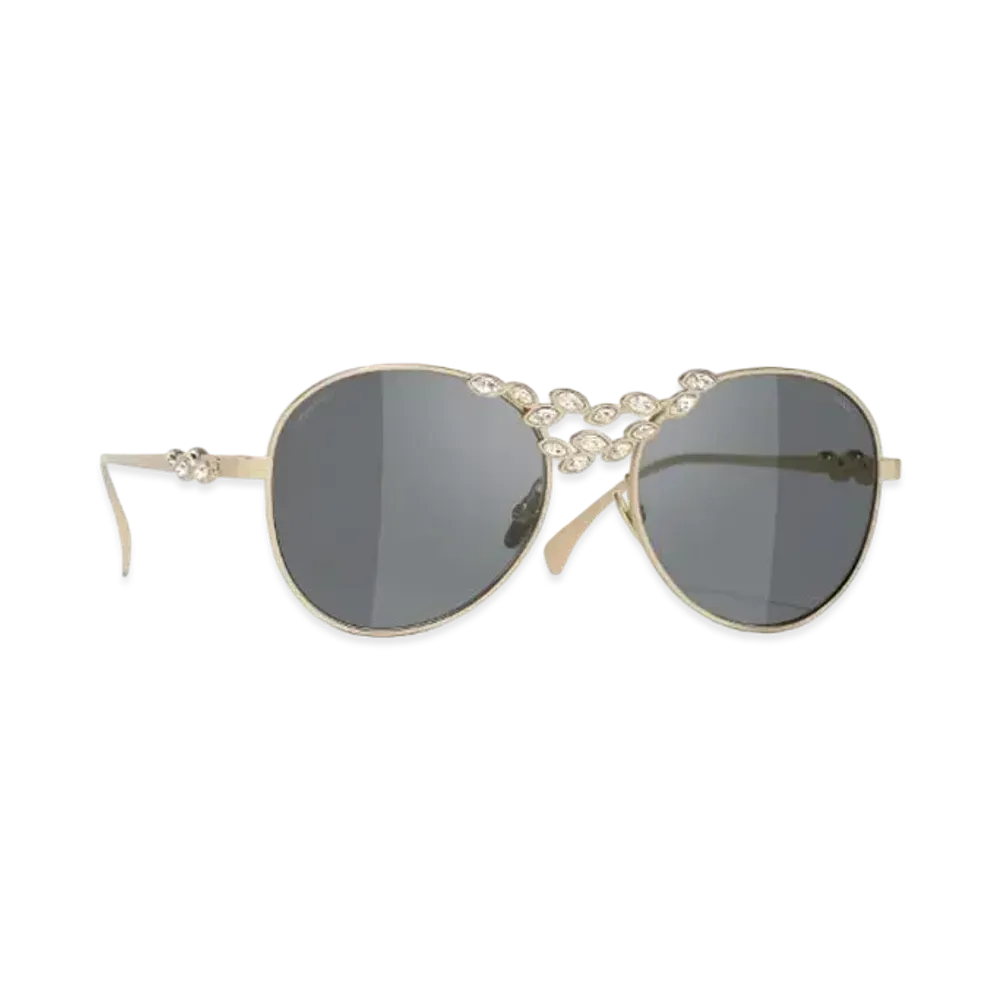 CHANEL Pilot Sunglasses Metal & Strass Lenses Dark Gray "Beige"