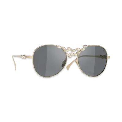 CHANEL Pilot Sunglasses Metal & Strass Lenses Dark Gray "Beige"