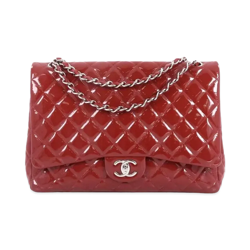CHANEL Deca Matelasse Double Flap Patent Calfskin "Red/Silver"