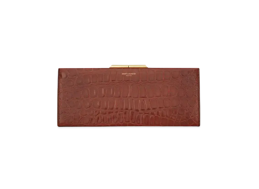Saint Laurent Midnight Small Clutch In Crocodile-Embossed Lacquered Leather "Caramel/Dark Caramel"