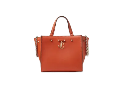 JIMMY CHOO VARENNE TOTE/S Light Gold JC Logo With Fine Shiny Curf Leather Tote Bag "Dark Amber Orange"