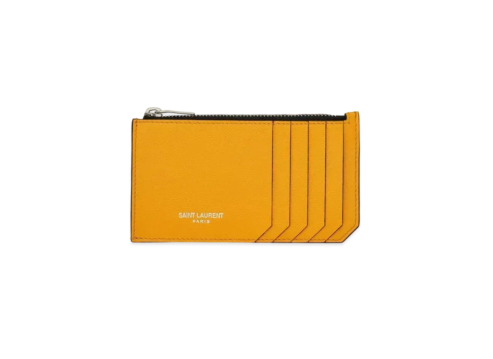 Saint Laurent Fragments Zipped Credit Card Case In Grain De Poudre Embossed Leather "Dark Jaune"