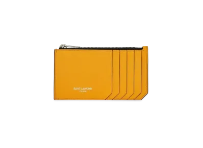 Saint Laurent Fragments Zipped Credit Card Case In Grain De Poudre Embossed Leather "Dark Jaune"