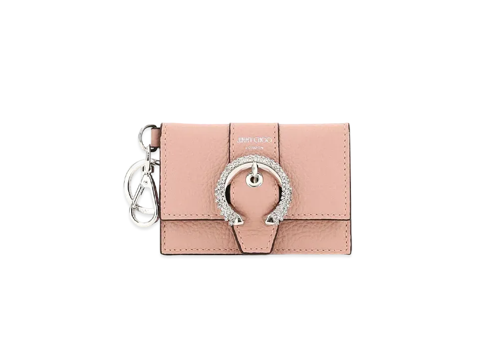 JIMMY CHOO FLAP CARDHOLDER Soft Grainy Curf Leather Card Case With Crystal Buckle "Blossom"