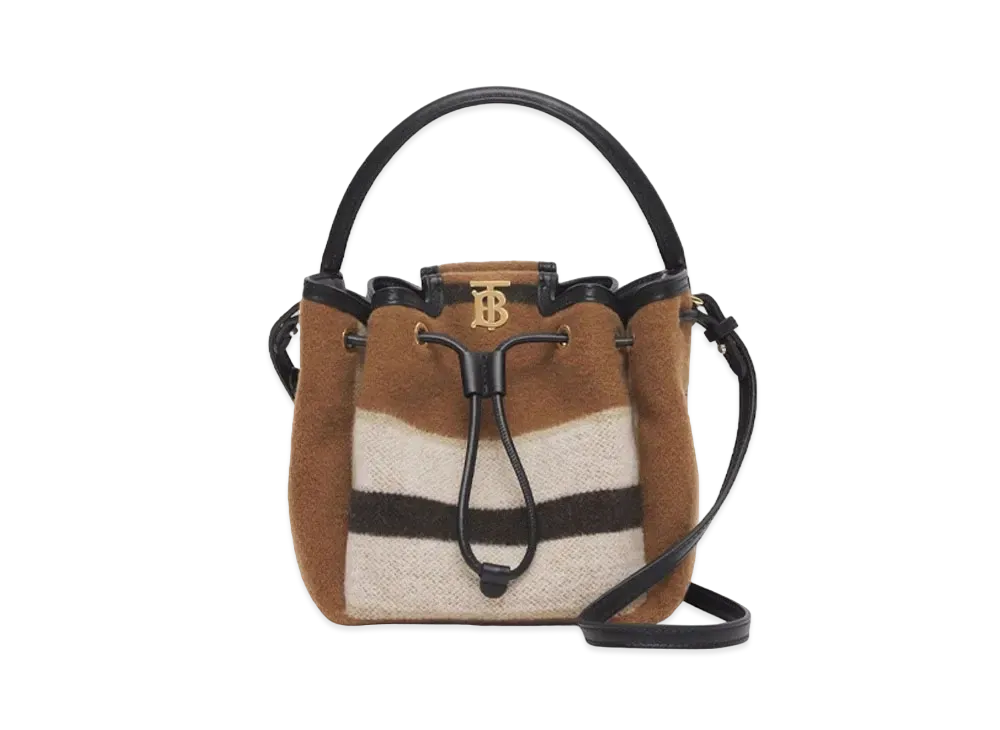 BURBERRY Monogram Motif Strip Wool & Leather Bucket Bag "Warm Walnut/Black"