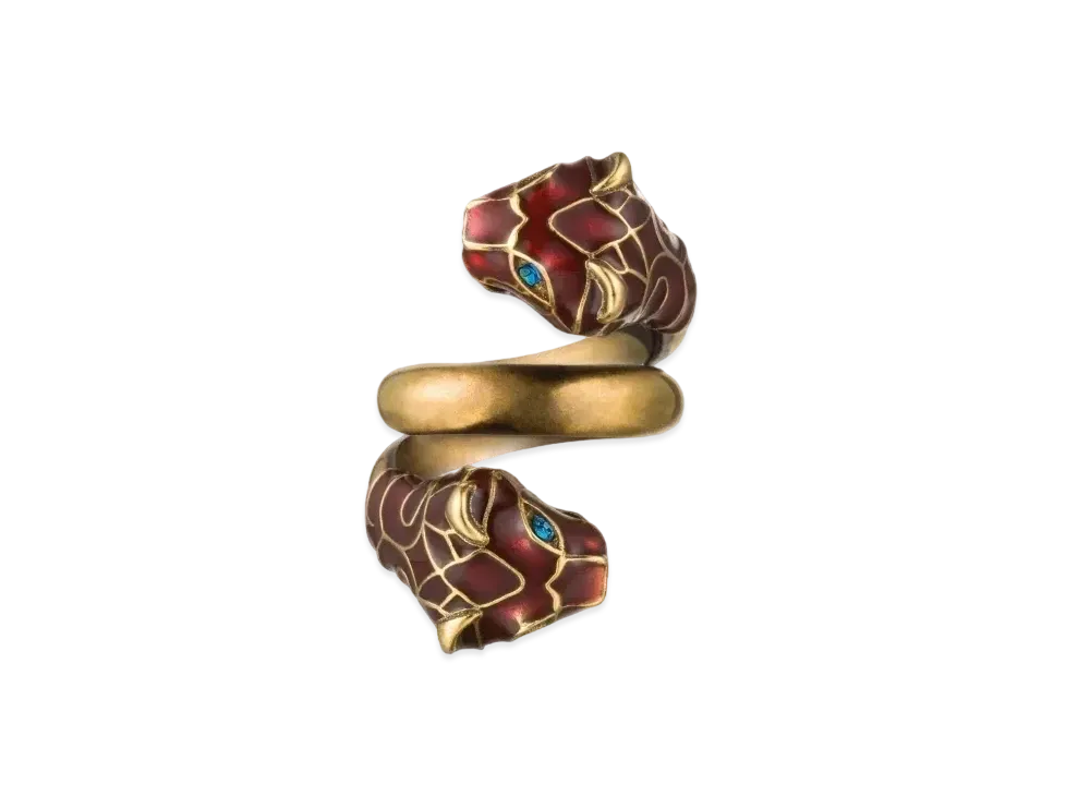 GUCCI Red Enamel Tiger Head Ring "Gold"