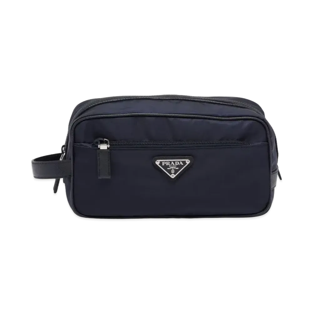 PRADA Re-Nylon and Saffiano Leather Travel Pouch "Navy"