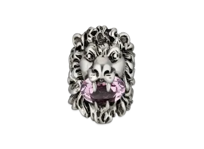 GUCCI Rhinestone Lion Head Ring "Silver"