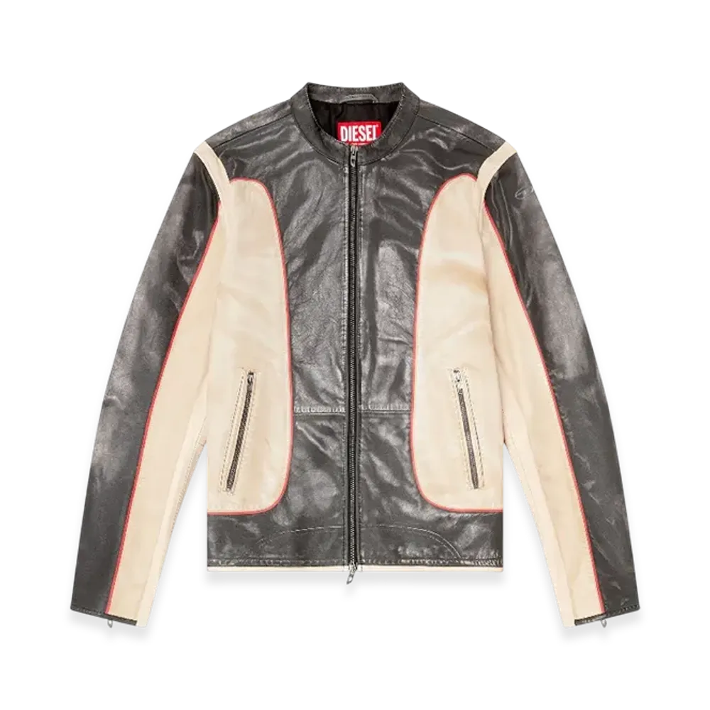 Diesel L-Evert Trompe LOeil-Effect Leather Biker Jacket "Beige Black"