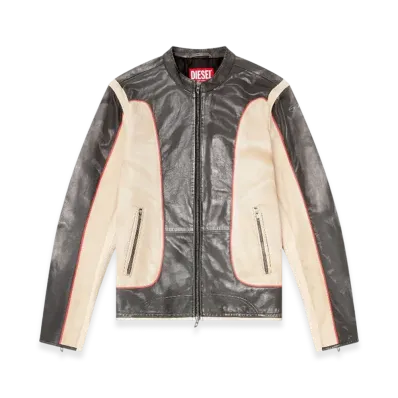 Diesel L-Evert Trompe LOeil-Effect Leather Biker Jacket "Beige Black"