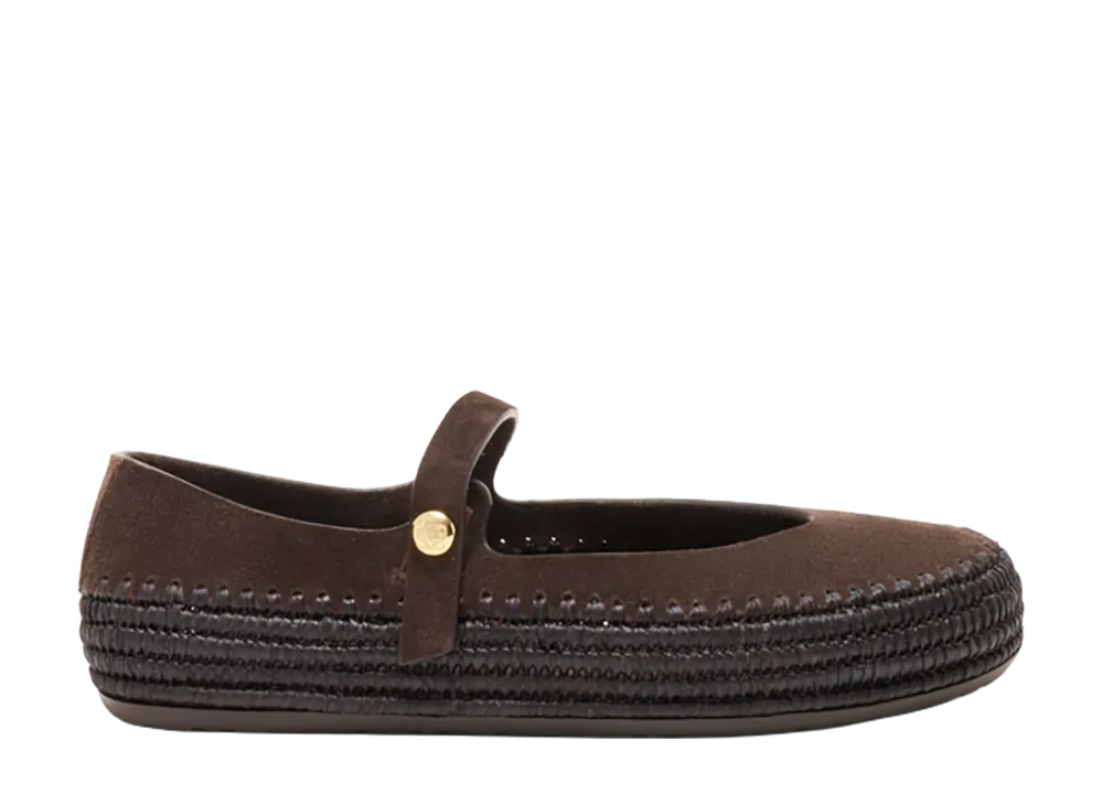 LOEWE Women's Rio Mary Jane in Suede and Raffia "Dark Brown"