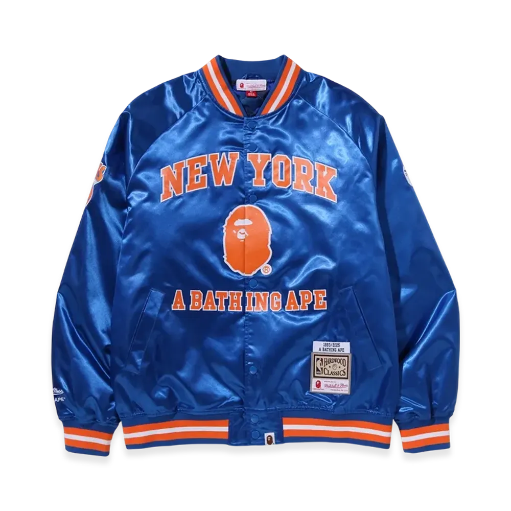 A BATHING APE x Mitchell & Ness x NBA New York Knicks Satin Jacket "Blue"
