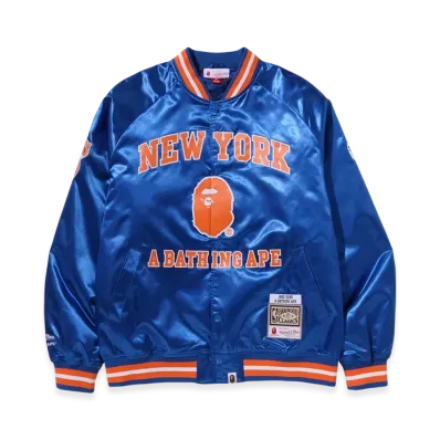 A BATHING APE x Mitchell & Ness x NBA New York Knicks Satin Jacket "Blue"