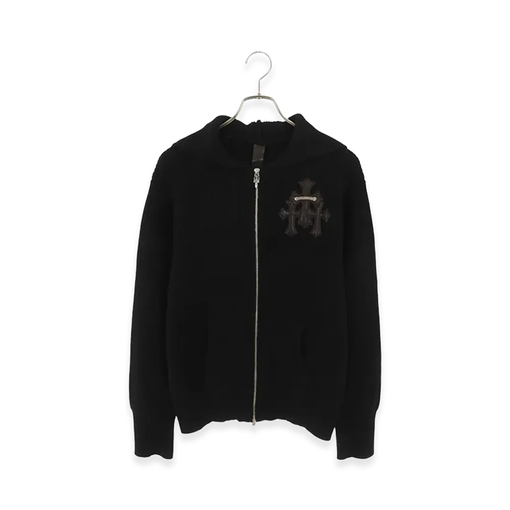 Chrome Hearts 3 Cemetery Cross Patch Zip Up Cashmere Knit Hoodie "Black"