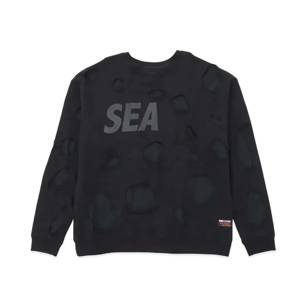 WIND AND SEA x WILDSIDE YOHJI YAMAMOTO Damage Cutting Sweat Shirt "Black"