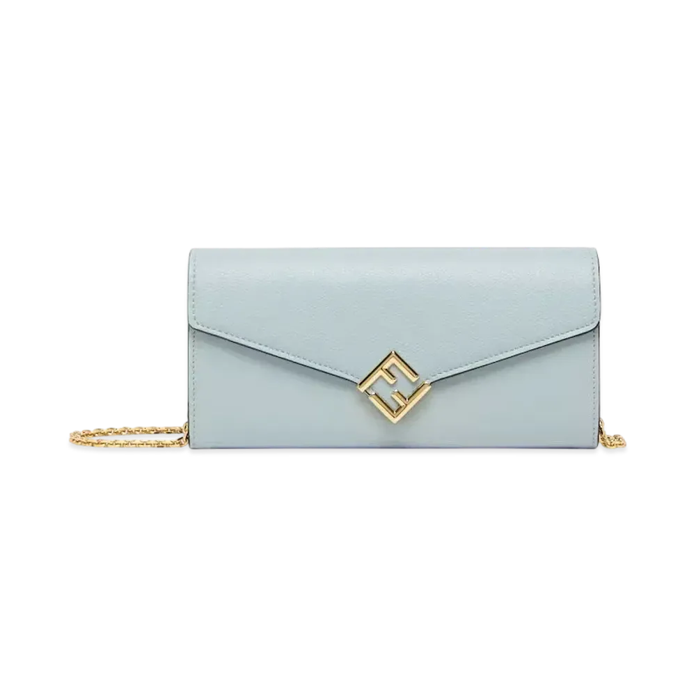 FENDI FF Diamonds Continental with Chain Leather Wallet "Light Blue"