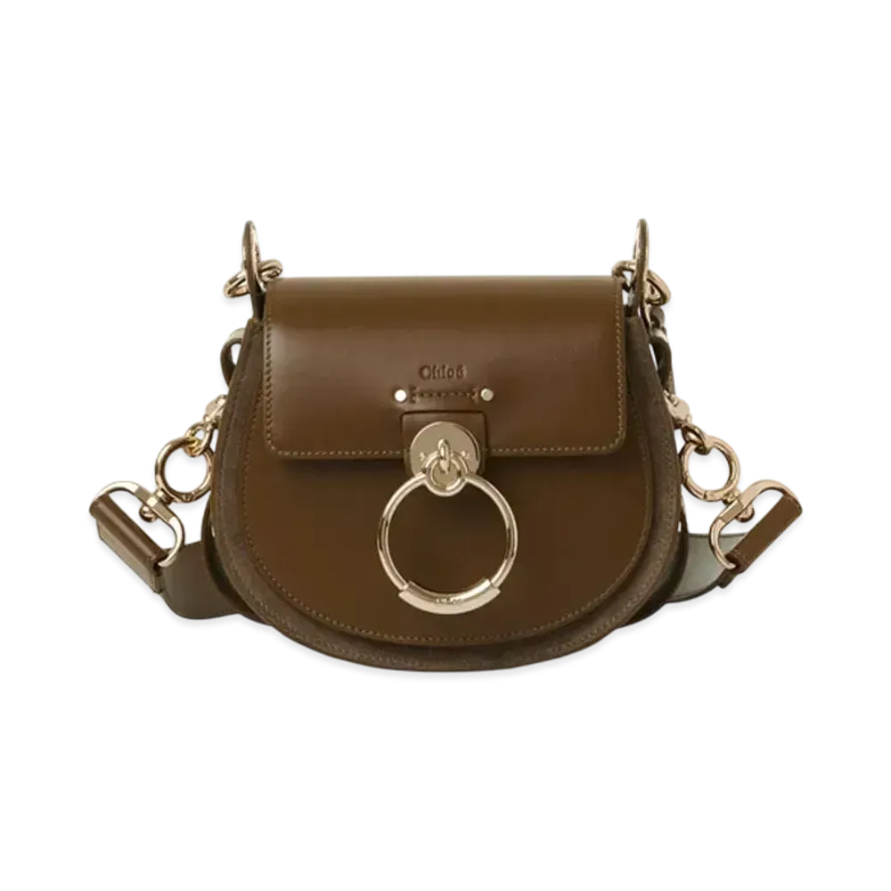 Chloe Small Tess Bag In Shiny And Suede Leather "Dark Khaki"