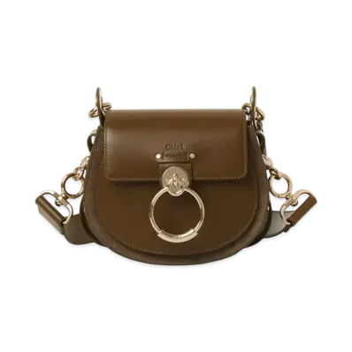 Chloe Small Tess Bag In Shiny And Suede Leather "Dark Khaki"