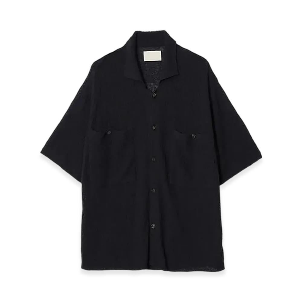 YOKE Cotton Sheer Knit Open Collar Shirt "Black"