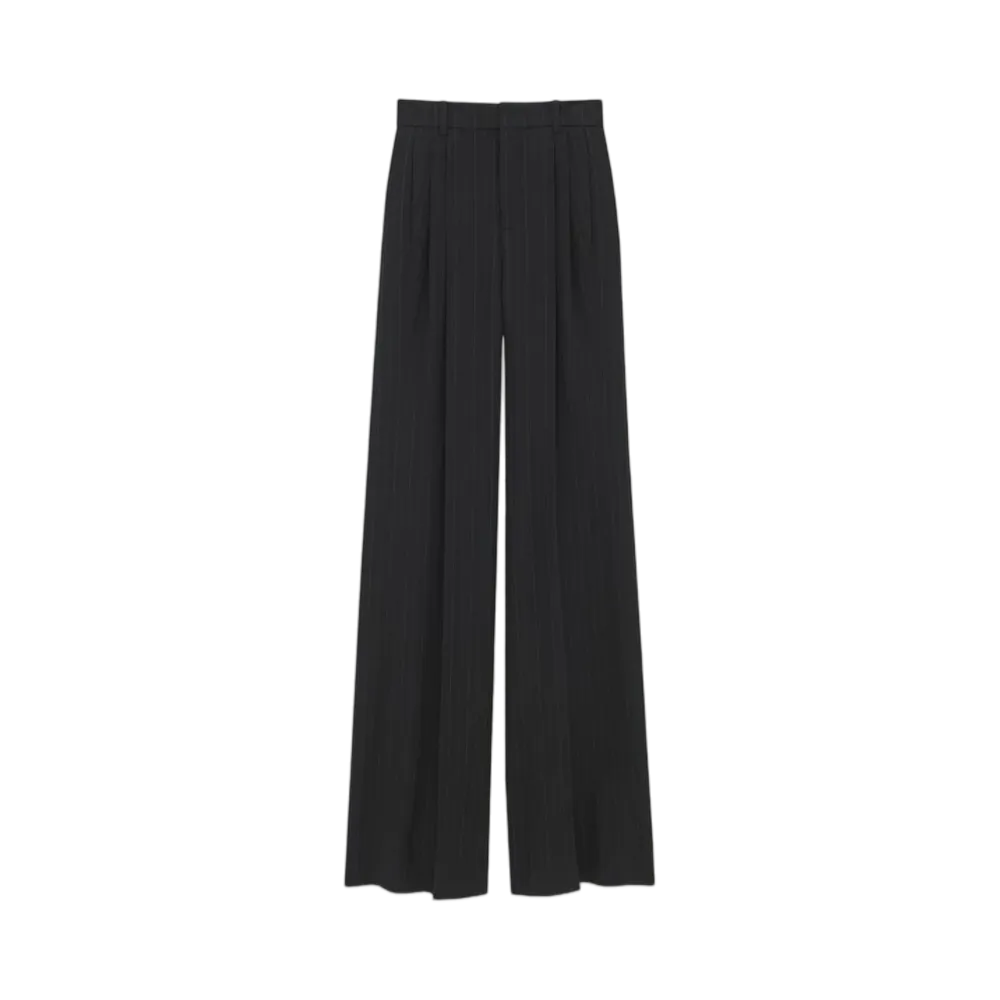 Saint Laurent Women's Wide-Leg Pants in Striped Wool "Noir Gris"