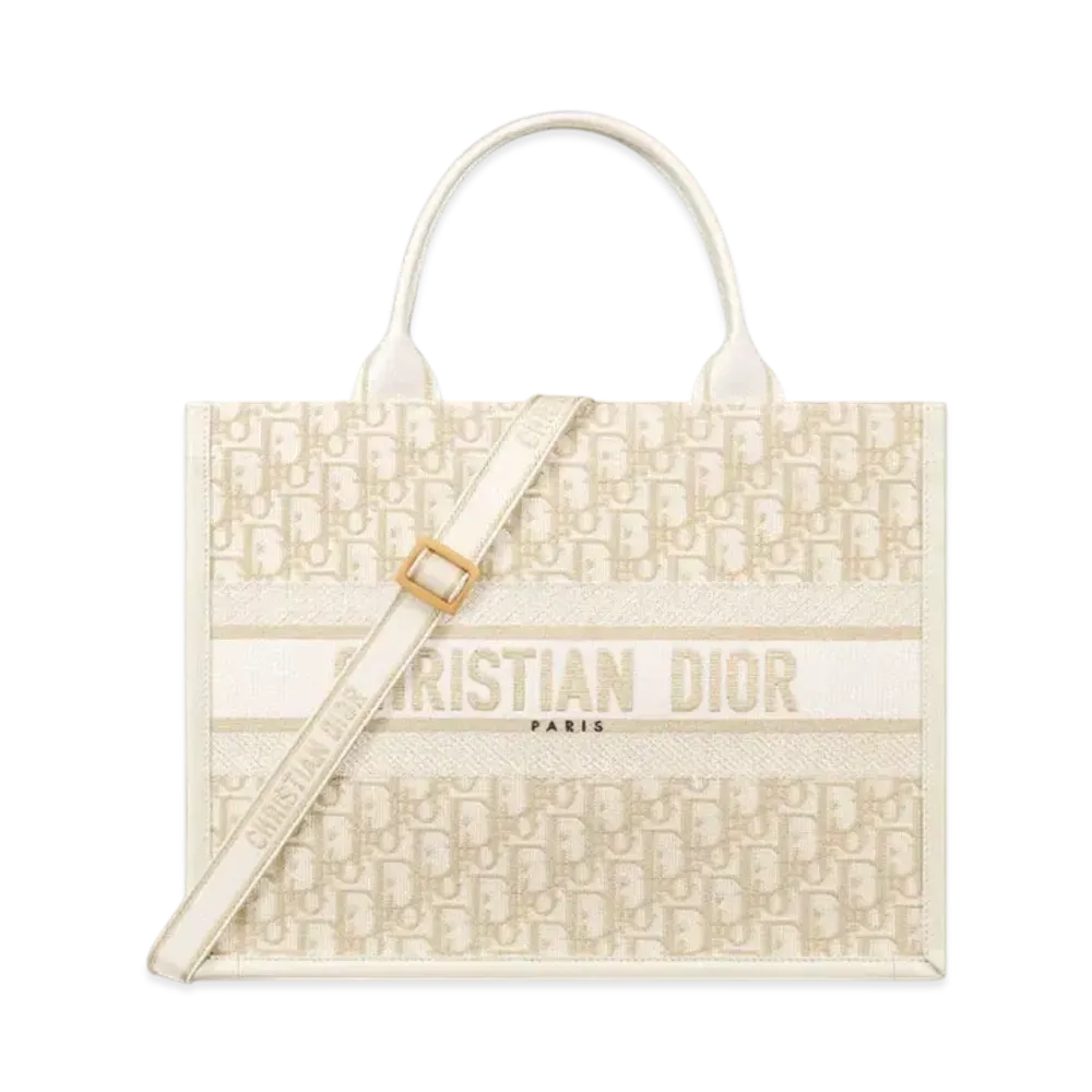 Dior Medium Dior Book Tote Dior Oblique Embroidery with Metallic Thread and Calfskin (36.5 x 28 x 16.5 cm) "Gold/Latte"