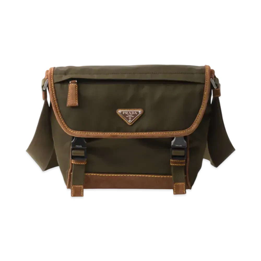 PRADA Medium Re-Nylon and Suede Shoulder Bag "Khaki Green/Dark Brown"