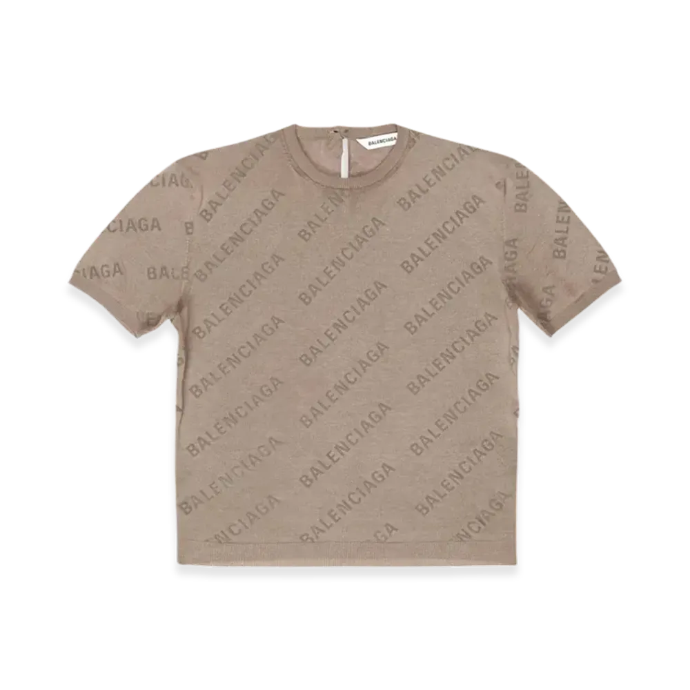 BALENCIAGA Women's Mini Allover Logo Short Sleeve Crop Sweater "Beige"