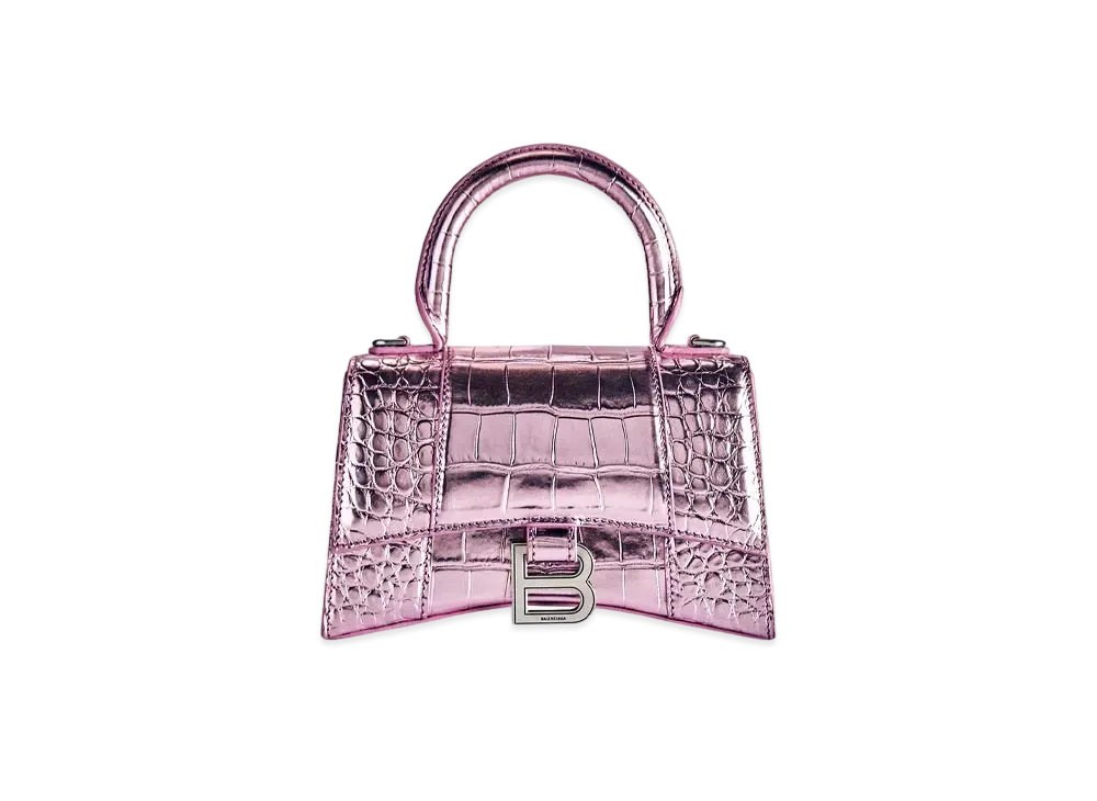 BALENCIAGA Hourglass XS Handbag In Metallized Crocodile Embossed Calfskin "Pink"