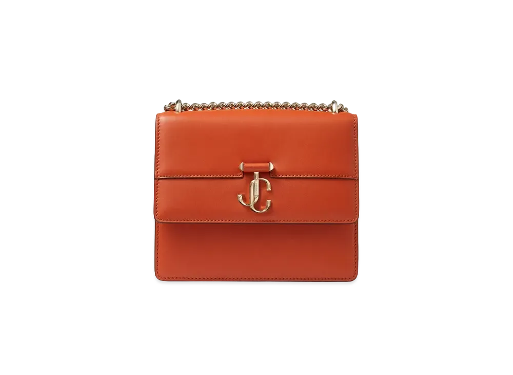 JIMMY CHOO VARENNE QUAD Light Gold JC Logo With Fine Shiny Curf Leather Shoulder Bag "Dark Amber Orange"