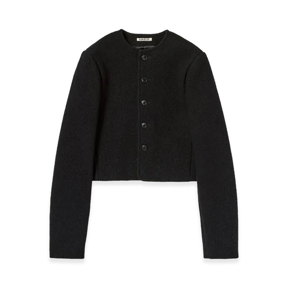 AURALEE Women's Heavily Fulled Wool Cotton Collarless Jacket "Black"