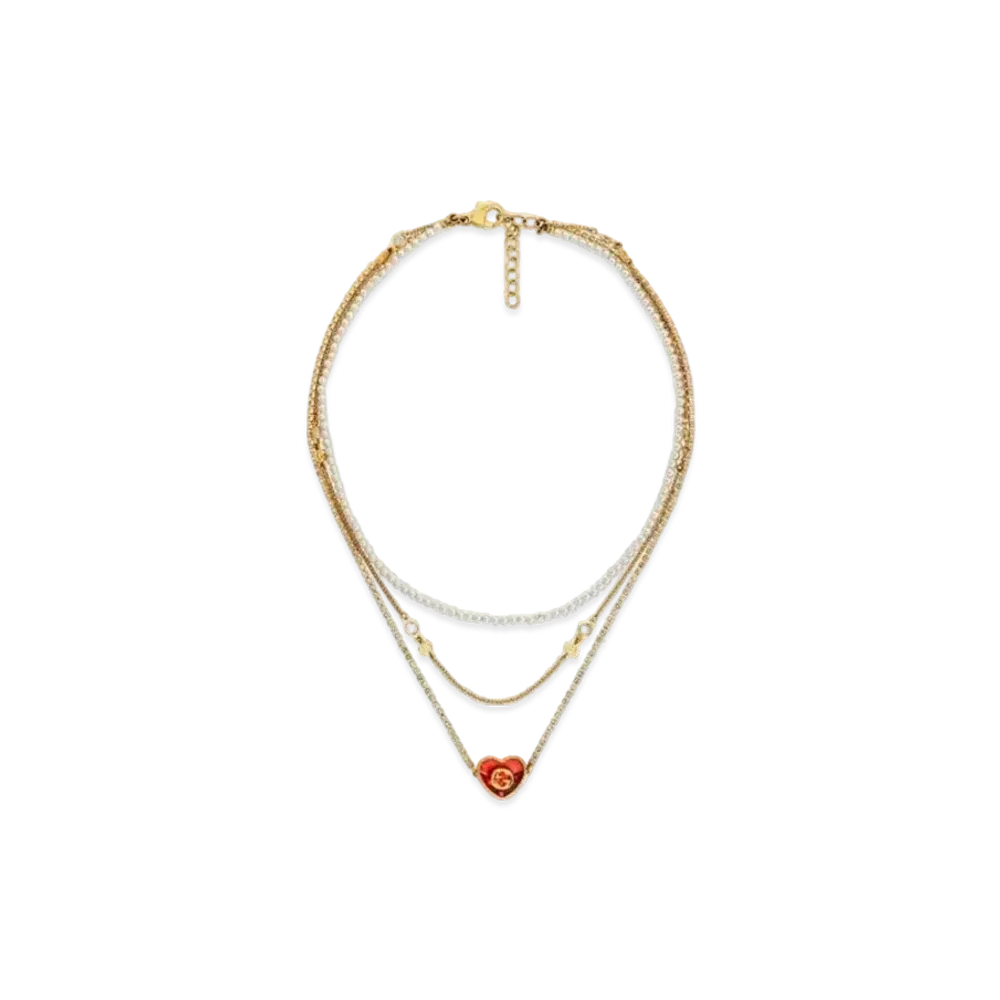 GUCCI Interlocking Double G Crystal Heart Pendant Necklace "Gold"