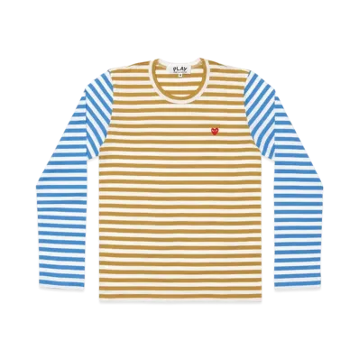 PLAY COMME des GARCONS Red Heart Striped L/S T-Shirt "Olive/Blue"