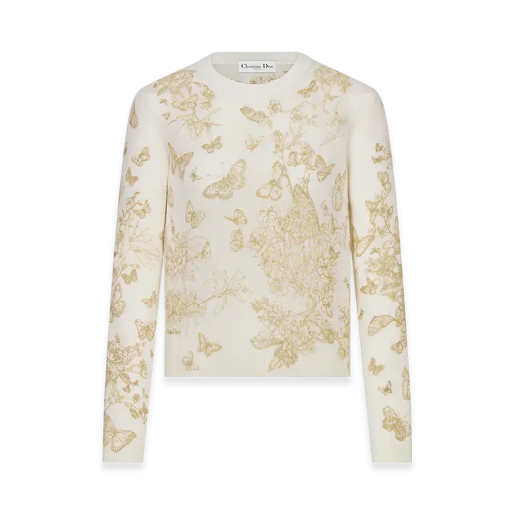 Dior Women's Embroidered Sweater Wool Cashmere Knit Butterflies Motif "White/Gold"