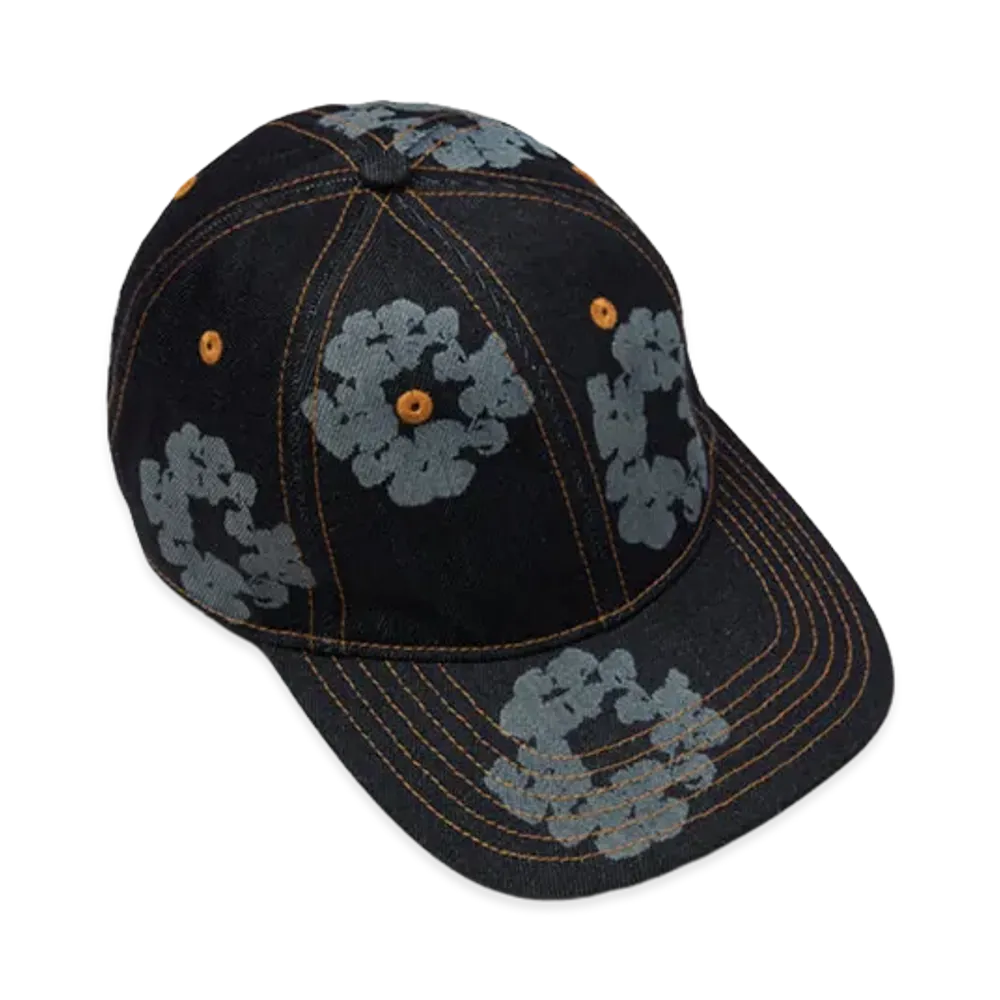 DENIM TEARS Mono Cotton Wreath Raw Denim Cap "Washed Indigo"