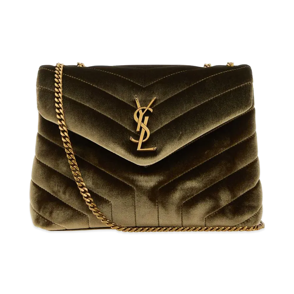 Saint Laurent Women's Olive Velvet Small Loulou Shoulder Bag "Green"