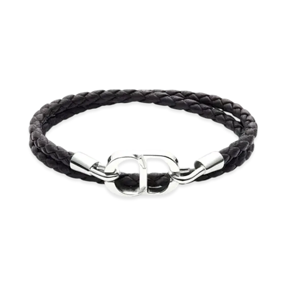 Dior CD Icon Braided Leather Double Bracelet Lambskin and Brass "Black/Silver"