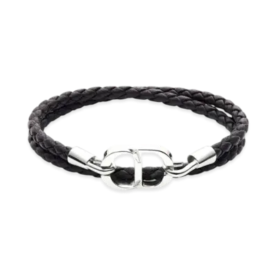 Dior CD Icon Braided Leather Double Bracelet Lambskin and Brass "Black/Silver"