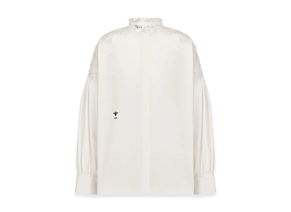 Dior Women's Embroidered Blouse Poplin Silk Butterfly Motif "Ecru"