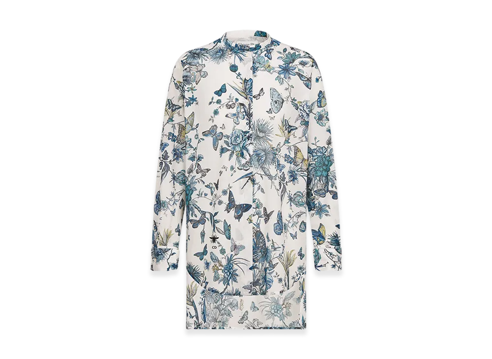 Dior Women's Blouse Voile Toile Mexico Motif "White/Pastel Midnight Blue"