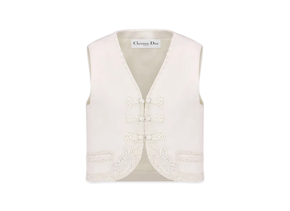 Dior Women's Embroidered Vest with Brandenburg Closure Double Sided Virgin Wool Mohair Butterfly Motif "Ecru"