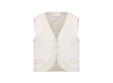 Dior Women's Embroidered Vest with Brandenburg Closure Double Sided Virgin Wool Mohair Butterfly Motif "Ecru"