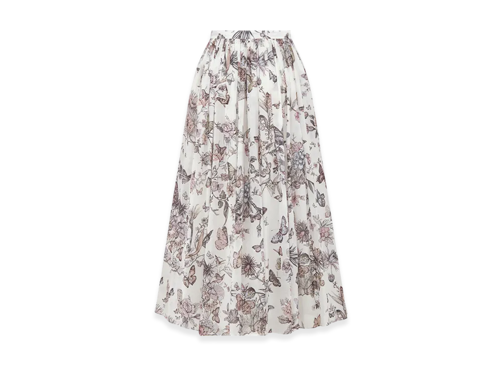 Dior Women's Flared Mid-Length Skirt Voile Toile Mexico Motif "White/Pastel Pink"