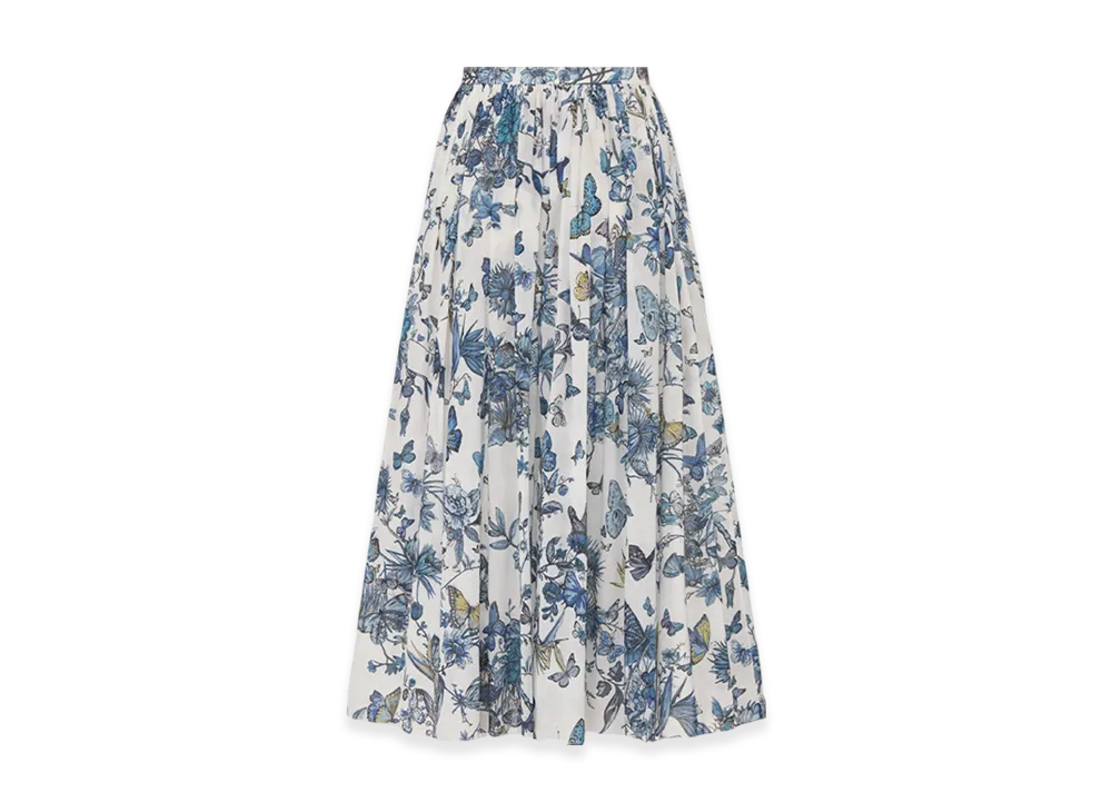 Dior Women's Flared Mid-Length Skirt Voile Toile Mexico Motif "White/Pastel Midnight Blue"