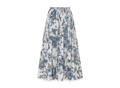Dior Women's Flared Mid-Length Skirt Voile Toile Mexico Motif "White/Pastel Midnight Blue"