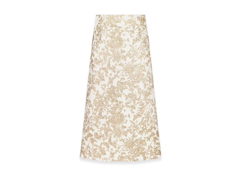 Dior Women's Mid-Length Flared Skirt Technical Jacquard Allover Butterfly Motif "White/Gold"