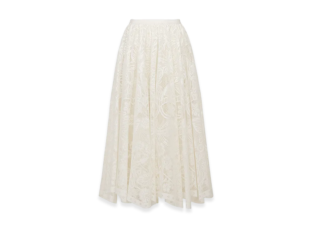 Dior Women's Flared Mid-Length Skirt Technical Lace Allover Butterfly Motif "Ecru"