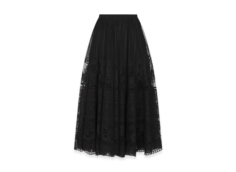 Dior Women's Flared Mid-Length Skirt Technical Lace D Lace Butterfly Motif "Black"