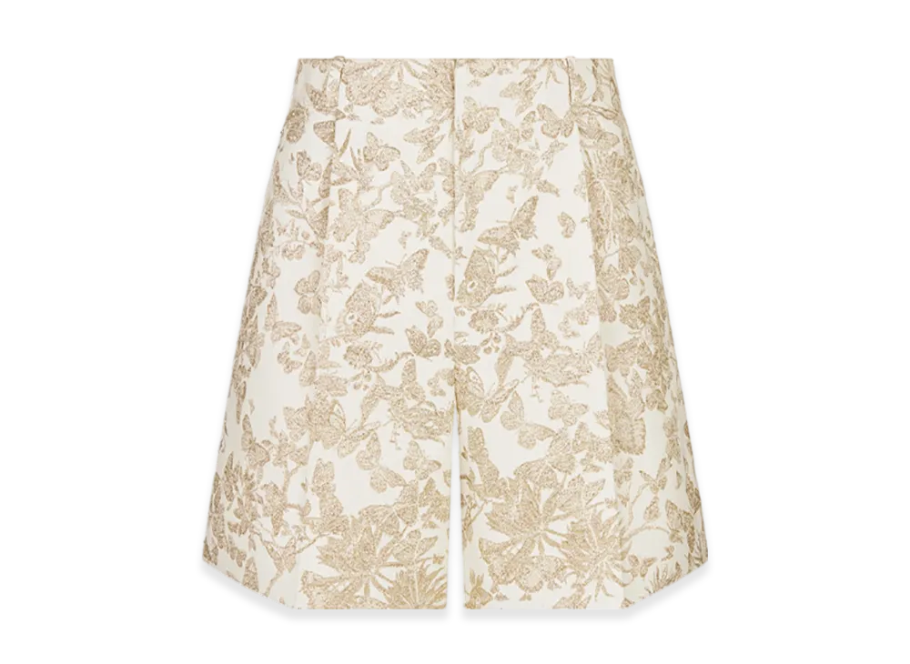 Dior Women's Pleated Shorts Technical Jacquard Allover Butterfly Motif "White/Gold"