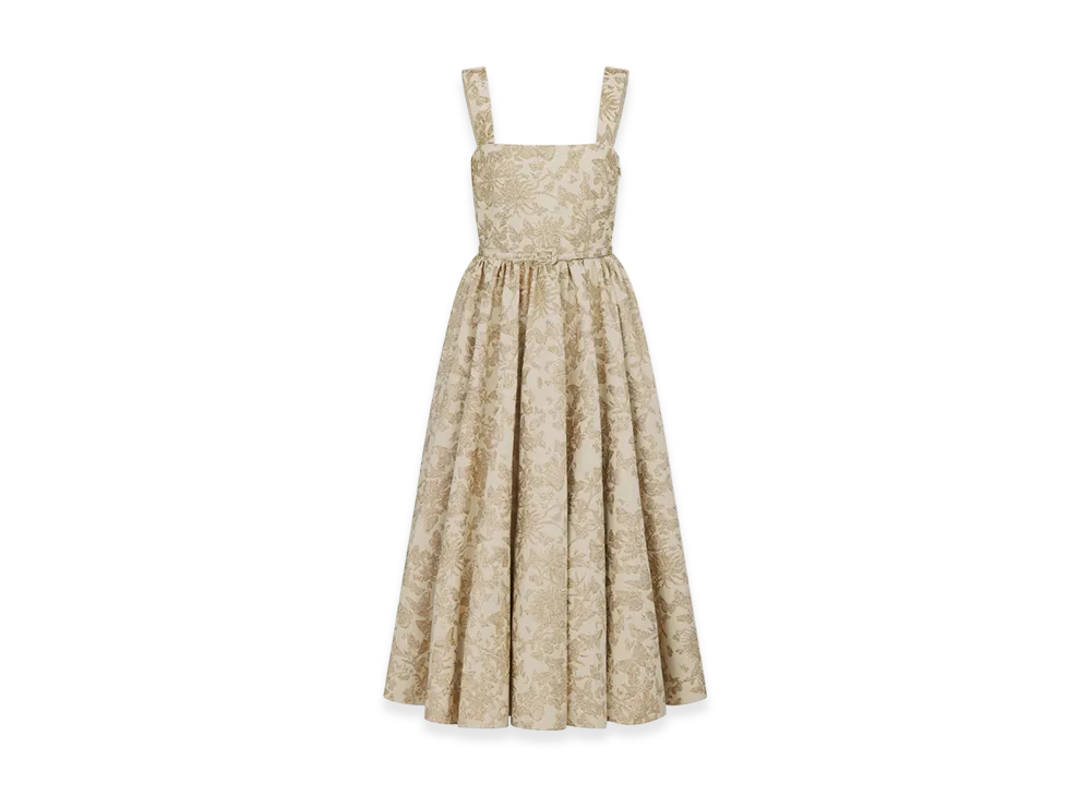 Dior Women's Mid-Length Belted Dress Technical Jacquard Allover Butterfly Motif "White/Gold"
