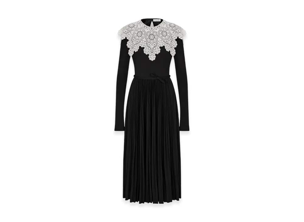 Dior Women's Mid-Length Pleated Dress Technical Jersey Lace "Black/White"